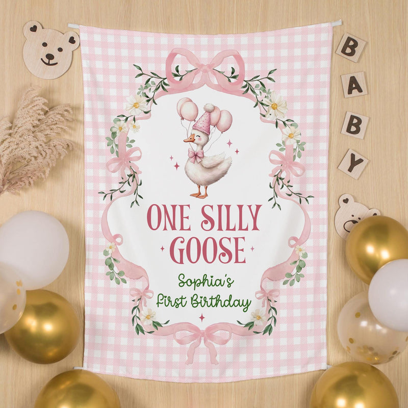 Custom One Silly Goose Birthday Banner & Romper Set for Baby Girls, Pink Gingham Design, Perfect for 1st Birthday Party or Milestone Photos