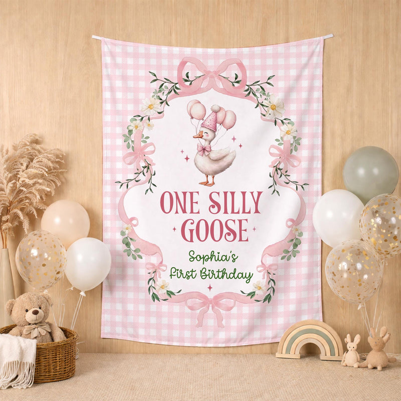 Custom One Silly Goose Birthday Banner & Romper Set for Baby Girls, Pink Gingham Design, Perfect for 1st Birthday Party or Milestone Photos