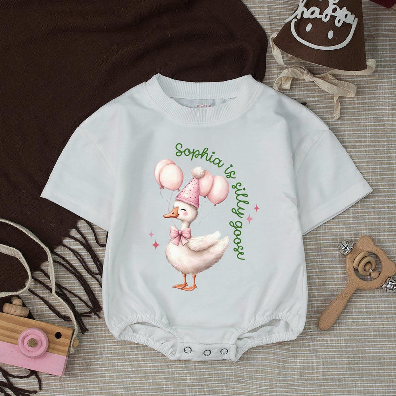 Custom One Silly Goose Birthday Banner & Romper Set for Baby Girls, Pink Gingham Design, Perfect for 1st Birthday Party or Milestone Photos