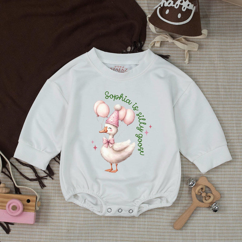 Custom One Silly Goose Birthday Banner & Romper Set for Baby Girls, Pink Gingham Design, Perfect for 1st Birthday Party or Milestone Photos
