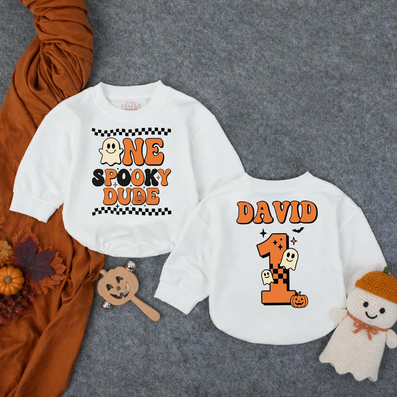 Custom One Spooky Dude Baby Romper for 1st Halloween, Soft Cotton Matching Family Outfit, Personalized 1st Birthday Boy Pumpkin Design
