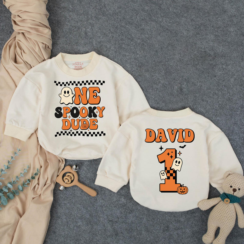 Custom One Spooky Dude Baby Romper for 1st Halloween, Soft Cotton Matching Family Outfit, Personalized 1st Birthday Boy Pumpkin Design