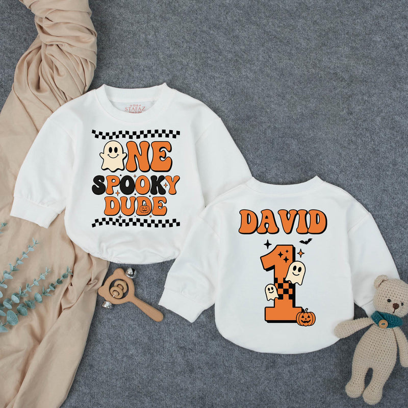 Custom One Spooky Dude Baby Romper for 1st Halloween, Soft Cotton Matching Family Outfit, Personalized 1st Birthday Boy Pumpkin Design