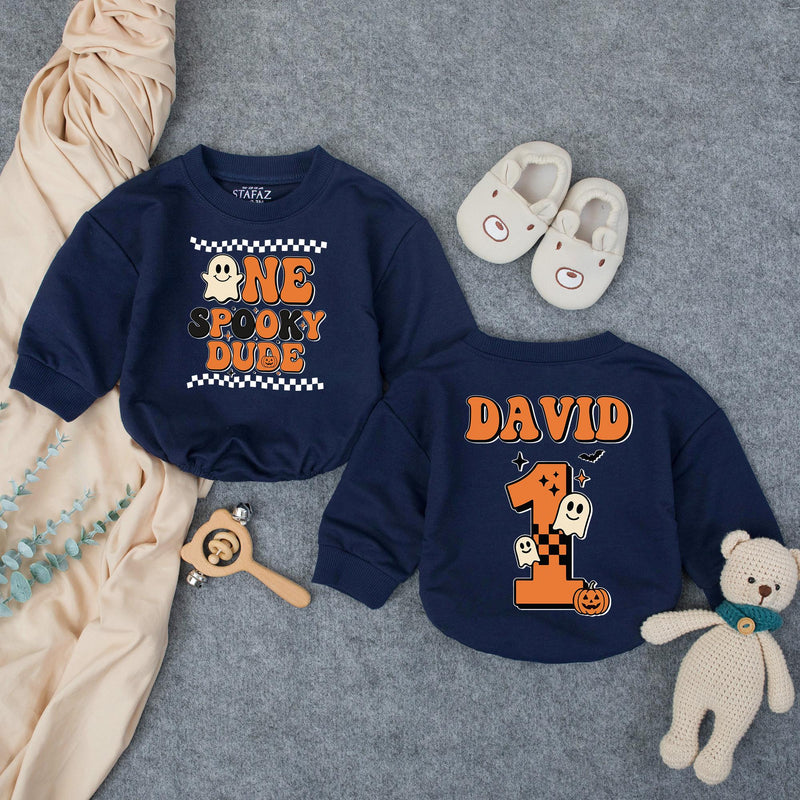 Custom One Spooky Dude Baby Romper for 1st Halloween, Soft Cotton Matching Family Outfit, Personalized 1st Birthday Boy Pumpkin Design