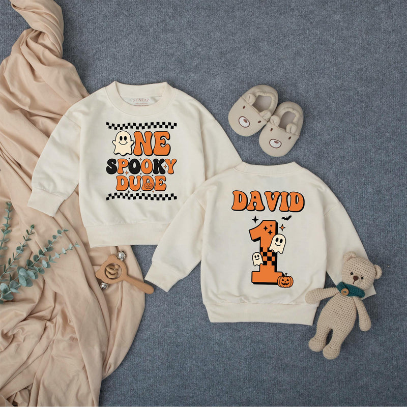 Custom One Spooky Dude Baby Romper for 1st Halloween, Soft Cotton Matching Family Outfit, Personalized 1st Birthday Boy Pumpkin Design