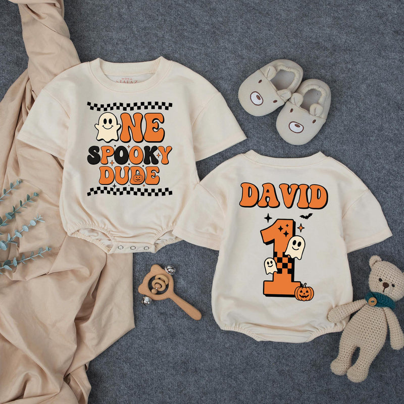 Custom One Spooky Dude Baby Romper for 1st Halloween, Soft Cotton Matching Family Outfit, Personalized 1st Birthday Boy Pumpkin Design