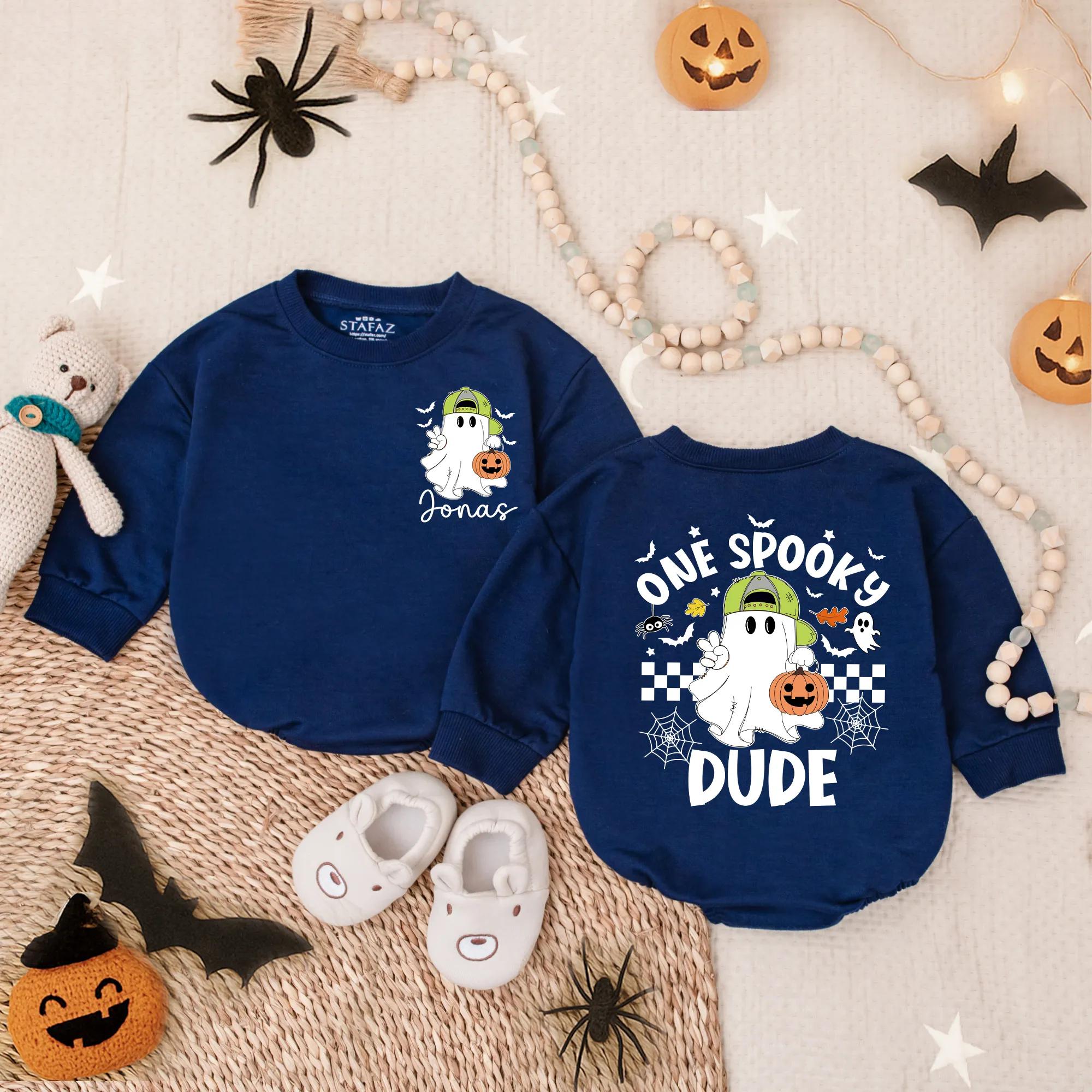 Custom One Spooky Dude Baby Romper Ghost Pumpkin Design Toddler Halloween Outfit Cotton Soft Fall Gift First Holiday Celebration