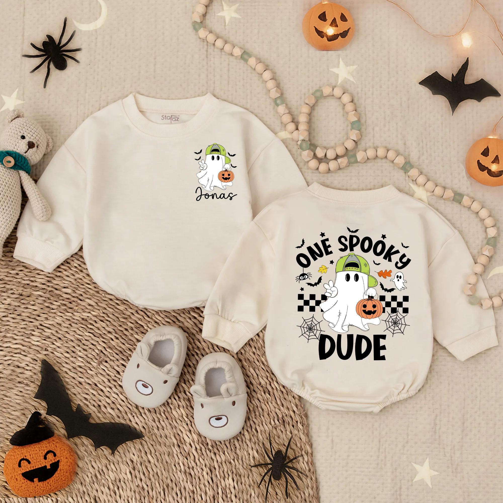 Custom One Spooky Dude Baby Romper Ghost Pumpkin Design Toddler Halloween Outfit Cotton Soft Fall Gift First Holiday Celebration