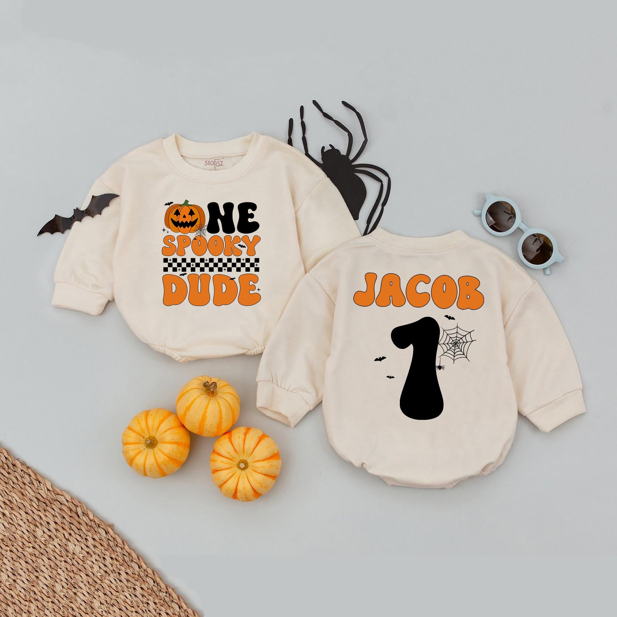 Custom One Spooky Dude Baby Romper with Name and Age Halloween Birthday Outfit, Soft Cotton Halloween Baby Shower Gift for First Birthday