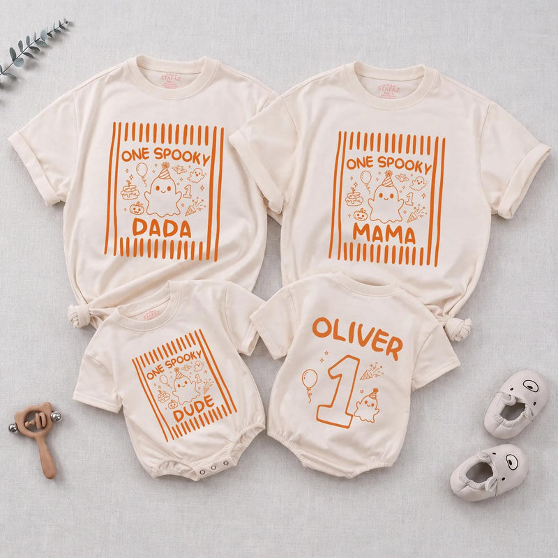 Custom One Spooky Halloween Matching Family Shirts for Baby, Toddler, Mom, Dad with Cute Ghost Artwork, Soft Cotton Perfect for Fall