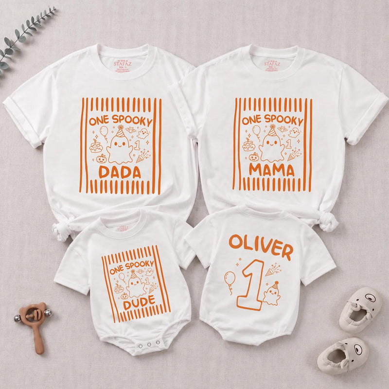 Custom One Spooky Halloween Matching Family Shirts for Baby, Toddler, Mom, Dad with Cute Ghost Artwork, Soft Cotton Perfect for Fall
