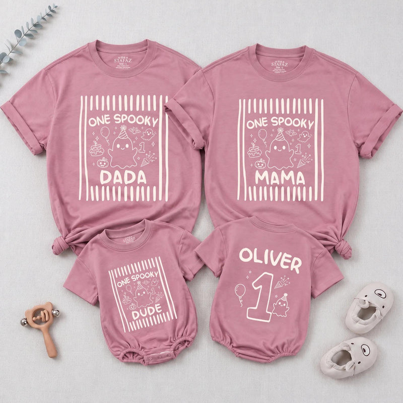 Custom One Spooky Halloween Matching Family Shirts for Baby, Toddler, Mom, Dad with Cute Ghost Artwork, Soft Cotton Perfect for Fall