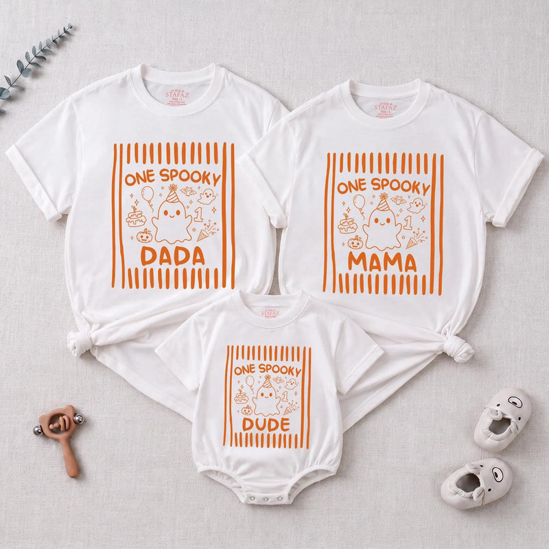 Custom One Spooky Halloween Matching Family Shirts for Baby, Toddler, Mom, Dad with Cute Ghost Artwork, Soft Cotton Perfect for Fall