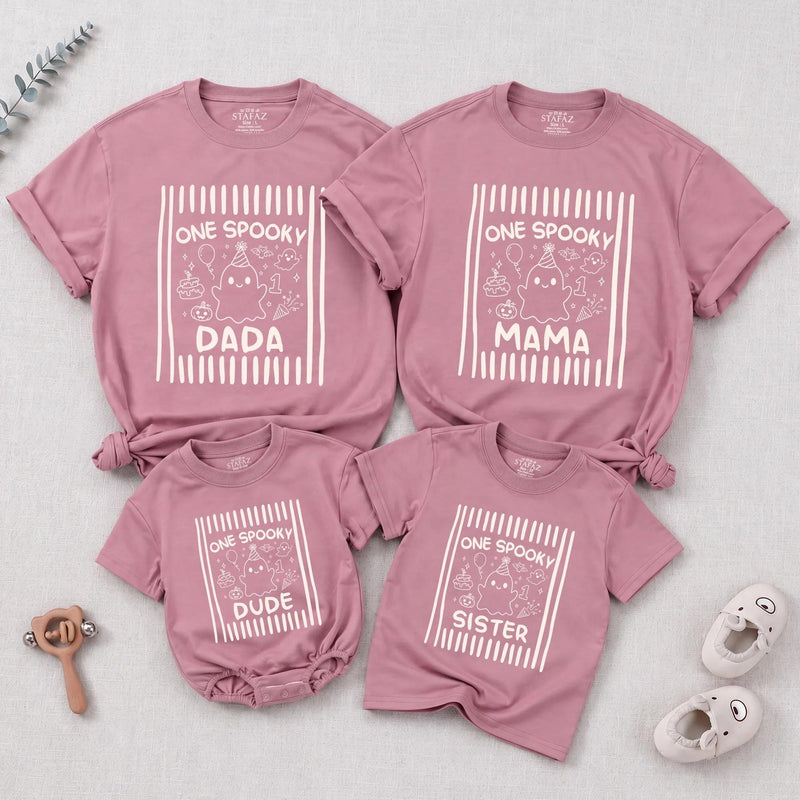 Custom One Spooky Halloween Matching Family Shirts for Baby, Toddler, Mom, Dad with Cute Ghost Artwork, Soft Cotton Perfect for Fall