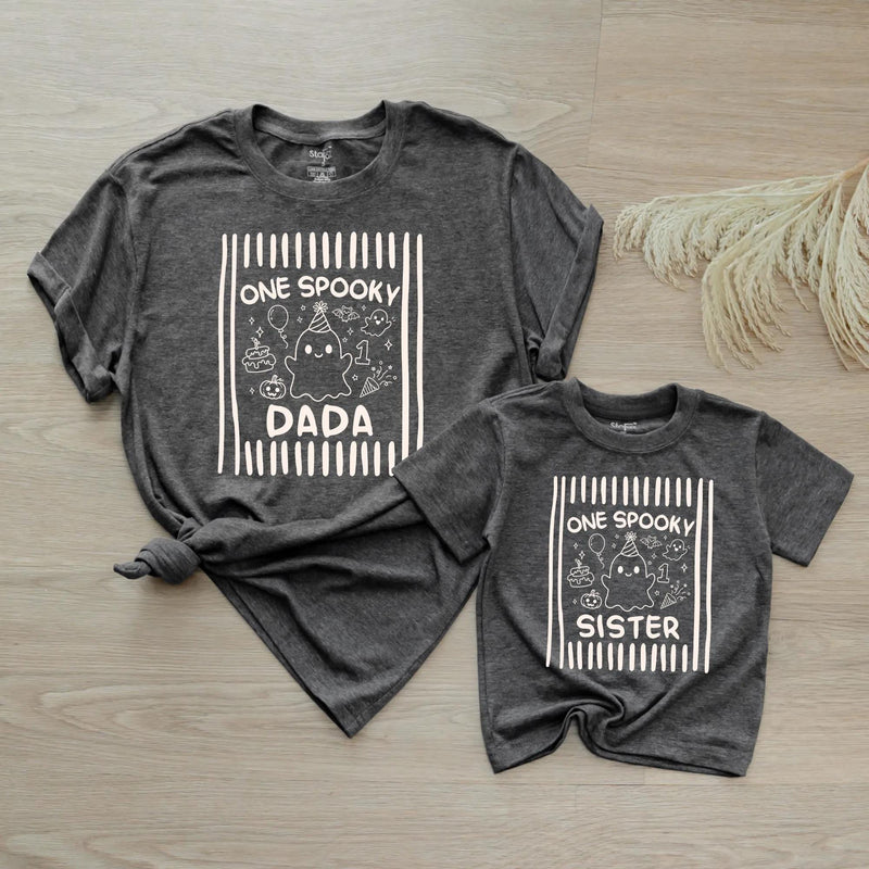 Custom One Spooky Halloween Matching Family Shirts for Baby, Toddler, Mom, Dad with Cute Ghost Artwork, Soft Cotton Perfect for Fall