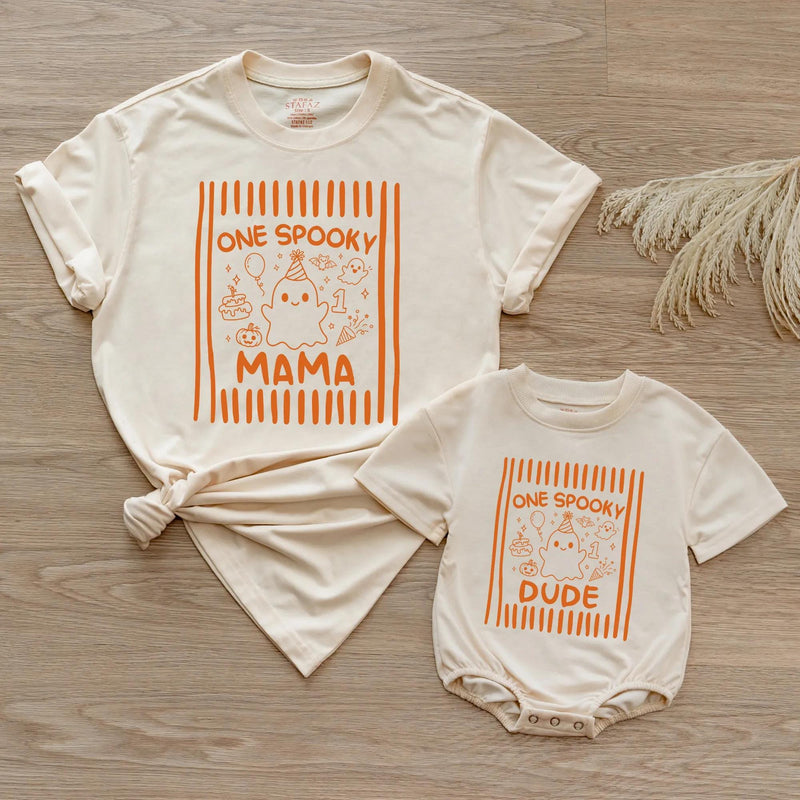 Custom One Spooky Halloween Matching Family Shirts for Baby, Toddler, Mom, Dad with Cute Ghost Artwork, Soft Cotton Perfect for Fall