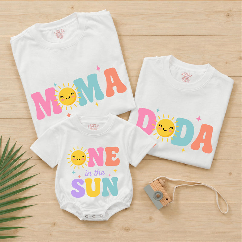 Custom 'One in the Sun' Matching Family Shirts for Baby, Mom, Dad - Summer 1st Birthday Outfit in Soft Cotton with Sunny Design