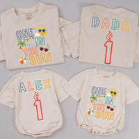 Custom One in the Sun Matching Family T-Shirts & Baby Romper, Soft Cotton Birthday Outfit for Kids, Mom, Dad, Summer Party Wear