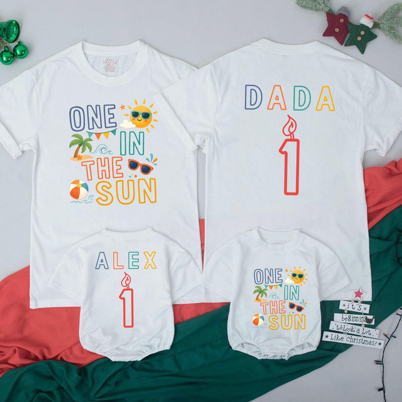 Custom One in the Sun Matching Family T-Shirts & Baby Romper, Soft Cotton Birthday Outfit for Kids, Mom, Dad, Summer Party Wear