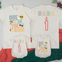 Custom One in the Sun Matching Family T-Shirts & Baby Romper, Soft Cotton Birthday Outfit for Kids, Mom, Dad, Summer Party Wear