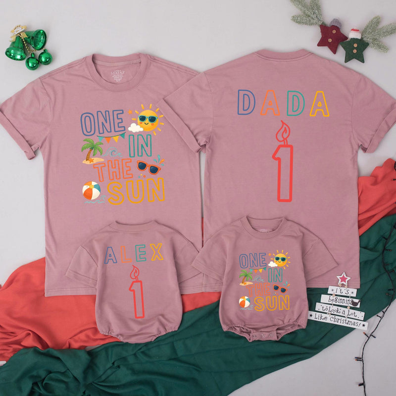 Custom One in the Sun Matching Family T-Shirts & Baby Romper, Soft Cotton Birthday Outfit for Kids, Mom, Dad, Summer Party Wear