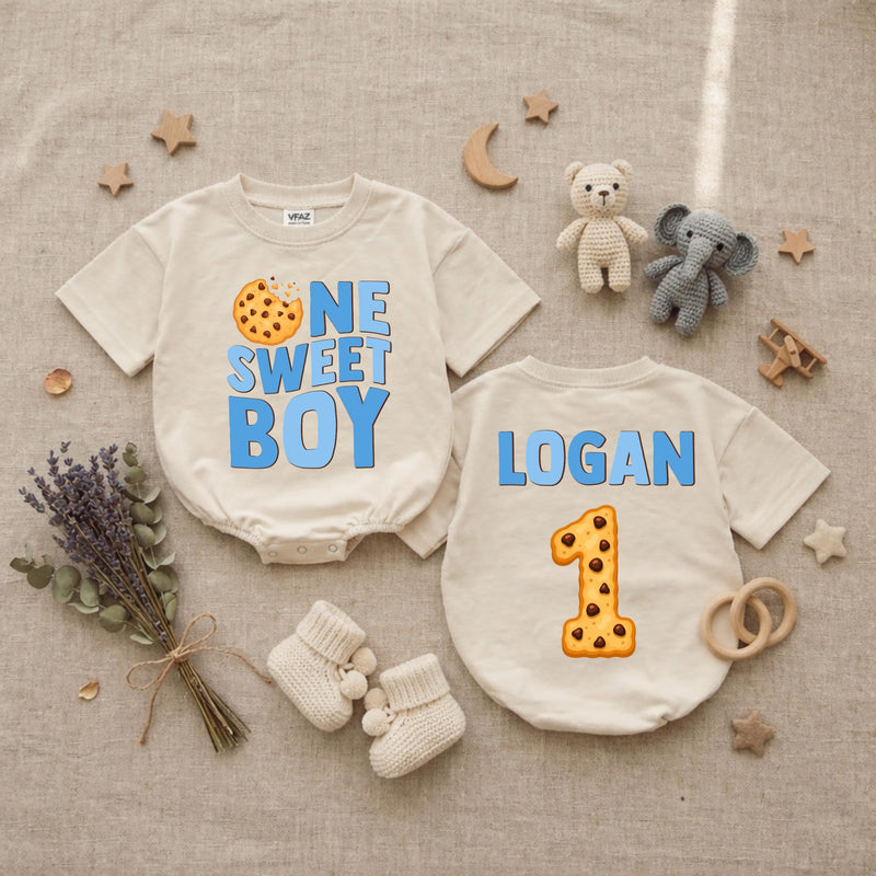 Custom One Sweet Boy Cookie Print Baby Romper, Long Sleeve Bodysuit for 1st Birthday, Newborn Outfit, Soft Cotton Gift for Baby Boy