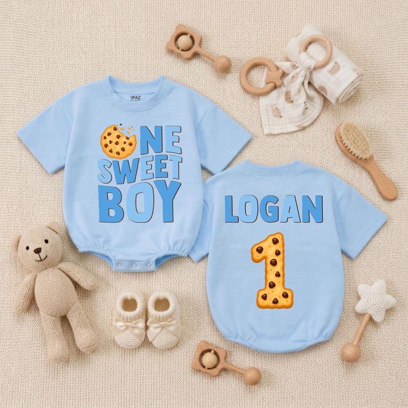 Custom One Sweet Boy Cookie Print Baby Romper, Long Sleeve Bodysuit for 1st Birthday, Newborn Outfit, Soft Cotton Gift for Baby Boy