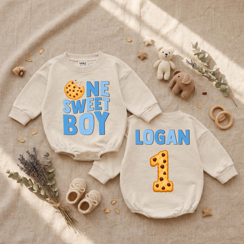 Custom One Sweet Boy Cookie Print Baby Romper, Long Sleeve Bodysuit for 1st Birthday, Newborn Outfit, Soft Cotton Gift for Baby Boy