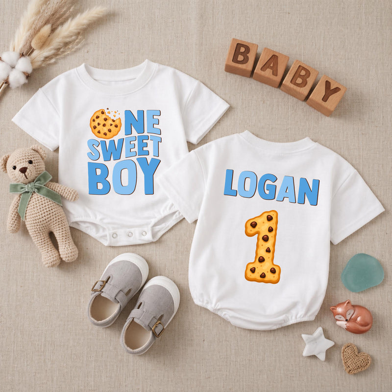 Custom One Sweet Boy Cookie Print Baby Romper, Long Sleeve Bodysuit for 1st Birthday, Newborn Outfit, Soft Cotton Gift for Baby Boy