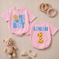 Custom One Sweet Boy Cookie Print Baby Romper, Long Sleeve Bodysuit for 1st Birthday, Newborn Outfit, Soft Cotton Gift for Baby Boy