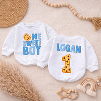 Custom One Sweet Boy Cookie Print Baby Romper, Long Sleeve Bodysuit for 1st Birthday, Newborn Outfit, Soft Cotton Gift for Baby Boy