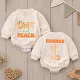 Custom One Sweet Peach Baby Romper with Name, Soft Cotton 1st Birthday Outfit for Baby Girl, Adorable Peach Theme Cake Smash Outfit