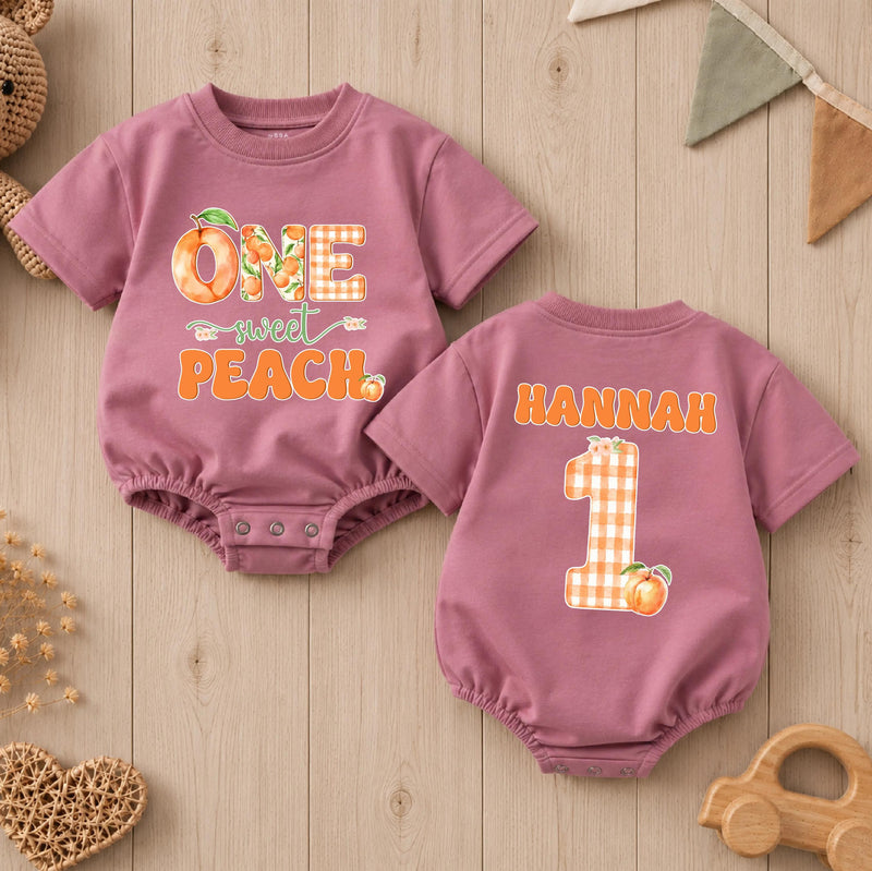 Custom One Sweet Peach Baby Romper with Name, Soft Cotton 1st Birthday Outfit for Baby Girl, Adorable Peach Theme Cake Smash Outfit