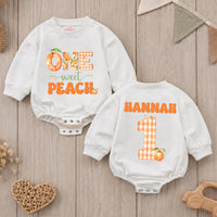 Custom One Sweet Peach Baby Romper with Name, Soft Cotton 1st Birthday Outfit for Baby Girl, Adorable Peach Theme Cake Smash Outfit