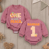 Custom One Sweet Peach Baby Romper with Name, Soft Cotton 1st Birthday Outfit for Baby Girl, Adorable Peach Theme Cake Smash Outfit