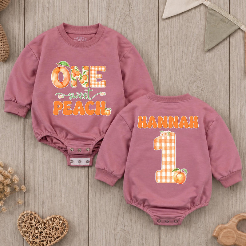 Custom One Sweet Peach Baby Romper with Name, Soft Cotton 1st Birthday Outfit for Baby Girl, Adorable Peach Theme Cake Smash Outfit