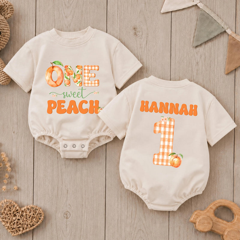 Custom One Sweet Peach Baby Romper with Name, Soft Cotton 1st Birthday Outfit for Baby Girl, Adorable Peach Theme Cake Smash Outfit