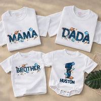 Custom Outer Space First Birthday Romper and Family T-Shirt Set with Planets Astronaut Rocket for Baby Boy Party Celebration Outfit