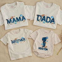 Custom Outer Space First Birthday Romper and Family T-Shirt Set with Planets Astronaut Rocket for Baby Boy Party Celebration Outfit