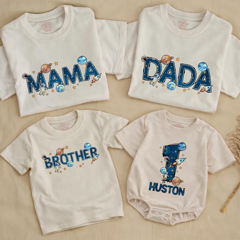 Custom Outer Space First Birthday Romper and Family T-Shirt Set with Planets Astronaut Rocket for Baby Boy Party Celebration Outfit