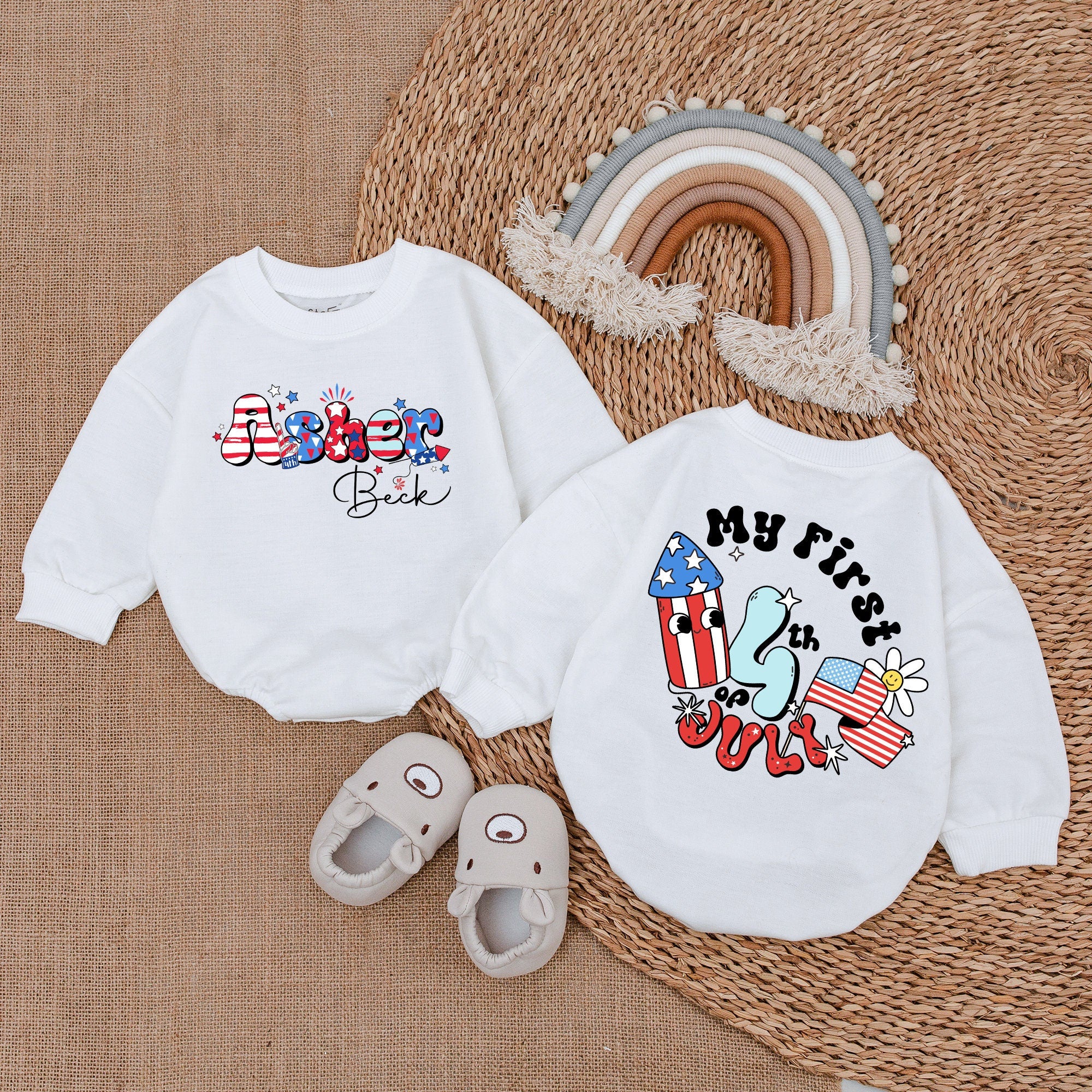 Custom Patriotic Baby Romper Personalized 4th of July Outfit Retro Design Soft Cotton Infant Clothes Stars and Stripes Celebration