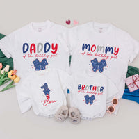 Custom Patriotic Bow First Birthday Romper and Matching Family Shirts for Baby Girl, Toddler, Mom, Dad, Soft Cotton 4th of July Outfit