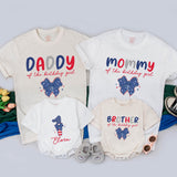 Custom Patriotic Bow First Birthday Romper and Matching Family Shirts for Baby Girl, Toddler, Mom, Dad, Soft Cotton 4th of July Outfit