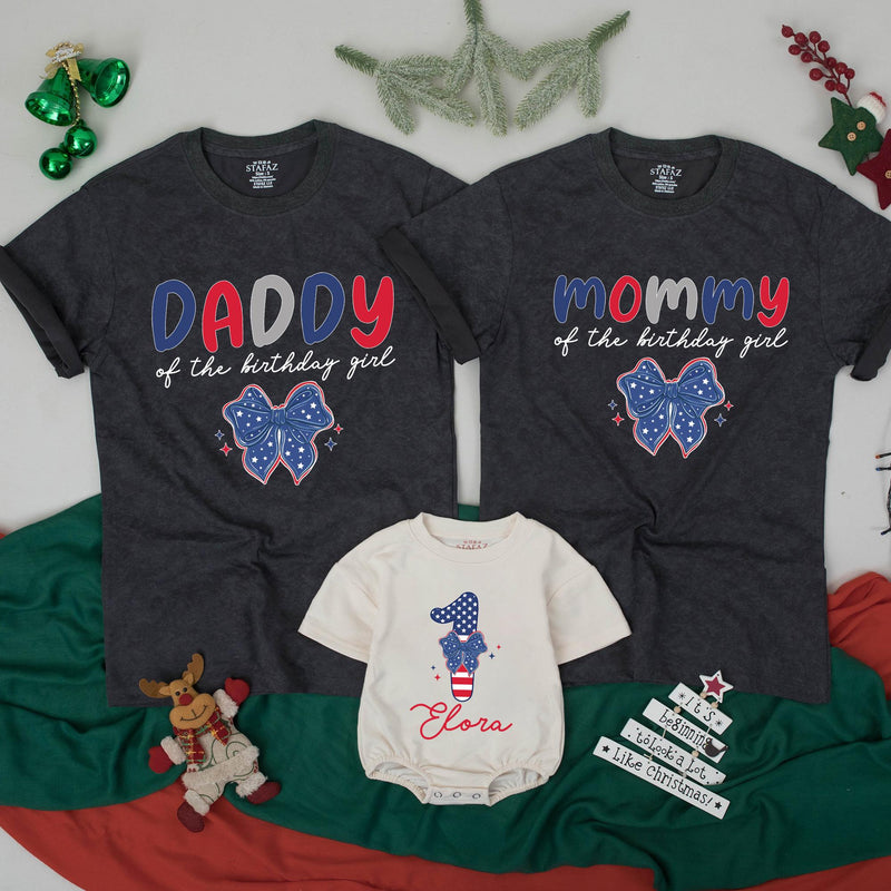 Custom Patriotic Bow First Birthday Romper and Matching Family Shirts for Baby Girl, Toddler, Mom, Dad, Soft Cotton 4th of July Outfit