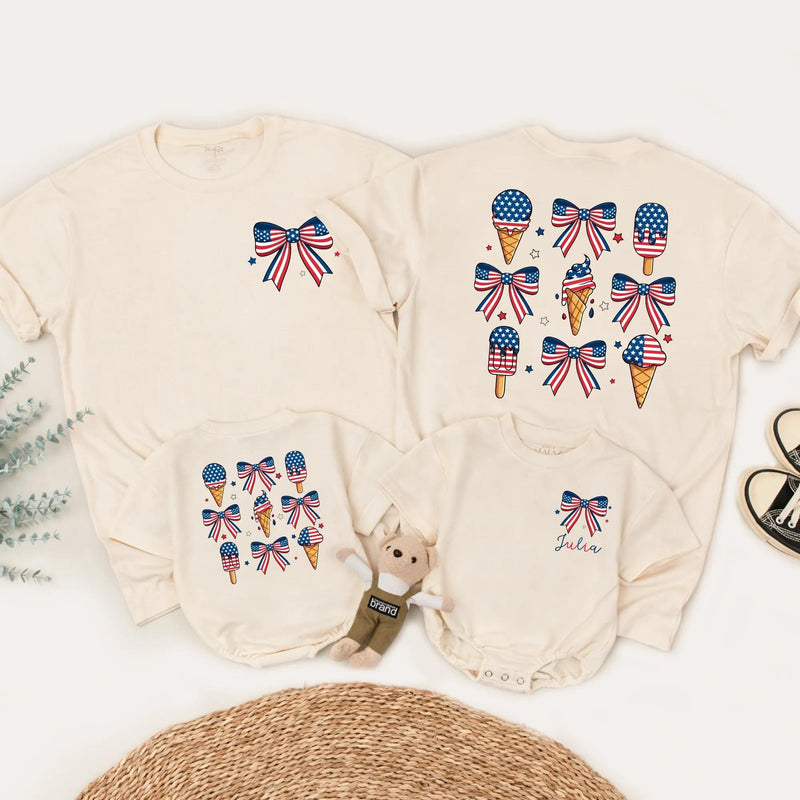 Custom Patriotic Ice Cream Bow Romper Matching Family Outfits for July 4th Celebrations, Soft Cotton Mom Dad Baby Toddler Shirts