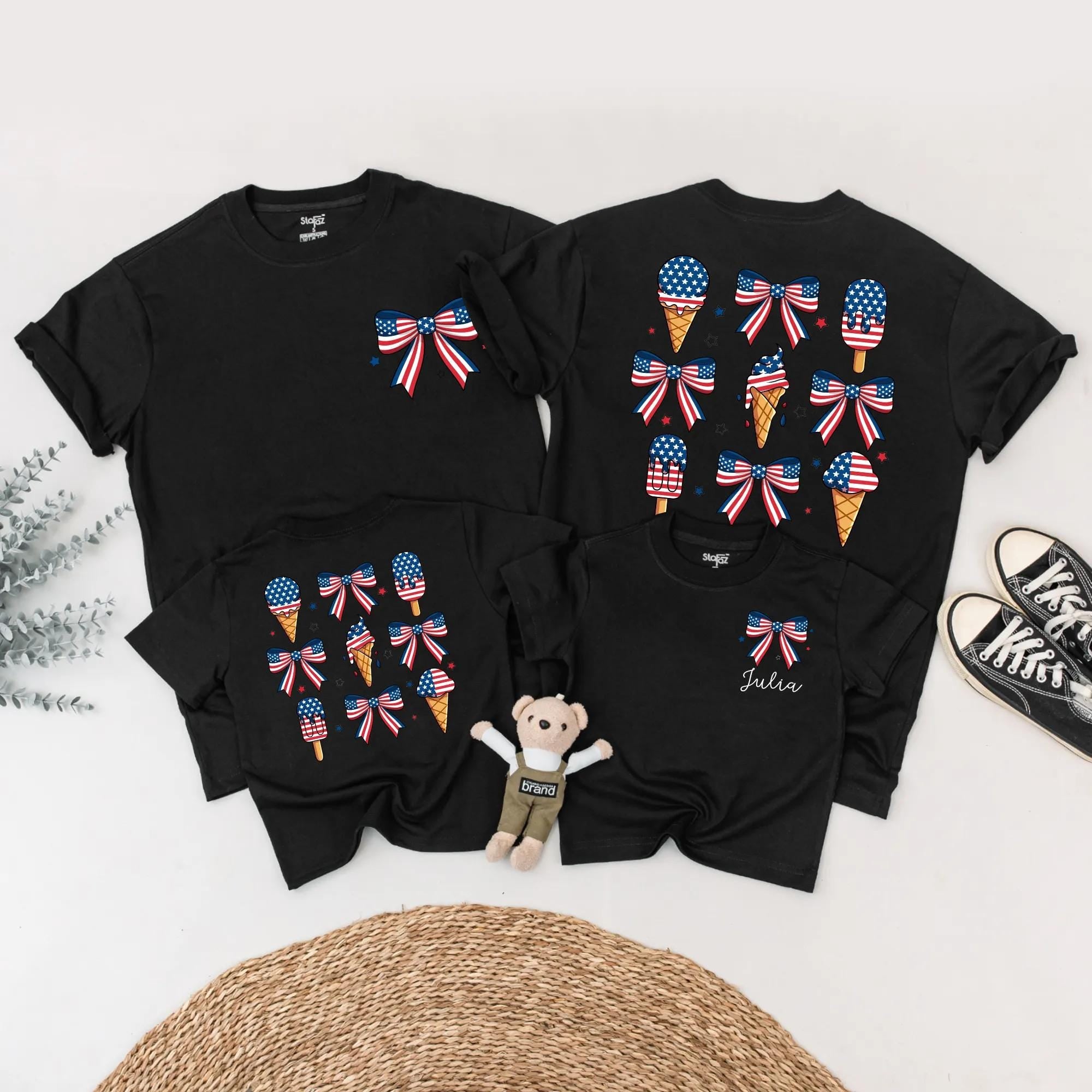 Custom Patriotic Ice Cream Bow Romper Matching Family Outfits for July 4th Celebrations, Soft Cotton Mom Dad Baby Toddler Shirts