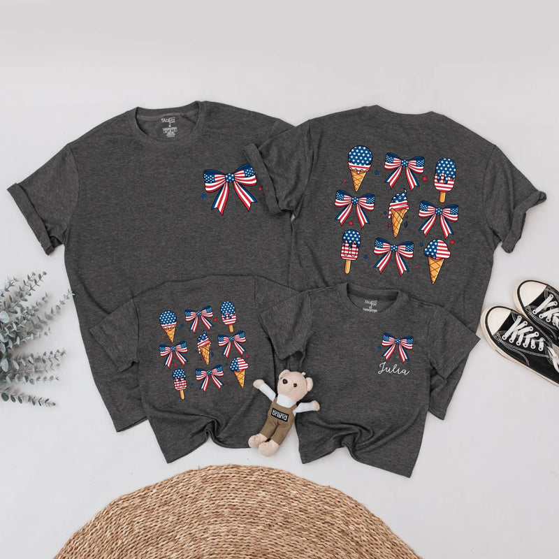 Custom Patriotic Ice Cream Bow Romper Matching Family Outfits for July 4th Celebrations, Soft Cotton Mom Dad Baby Toddler Shirts