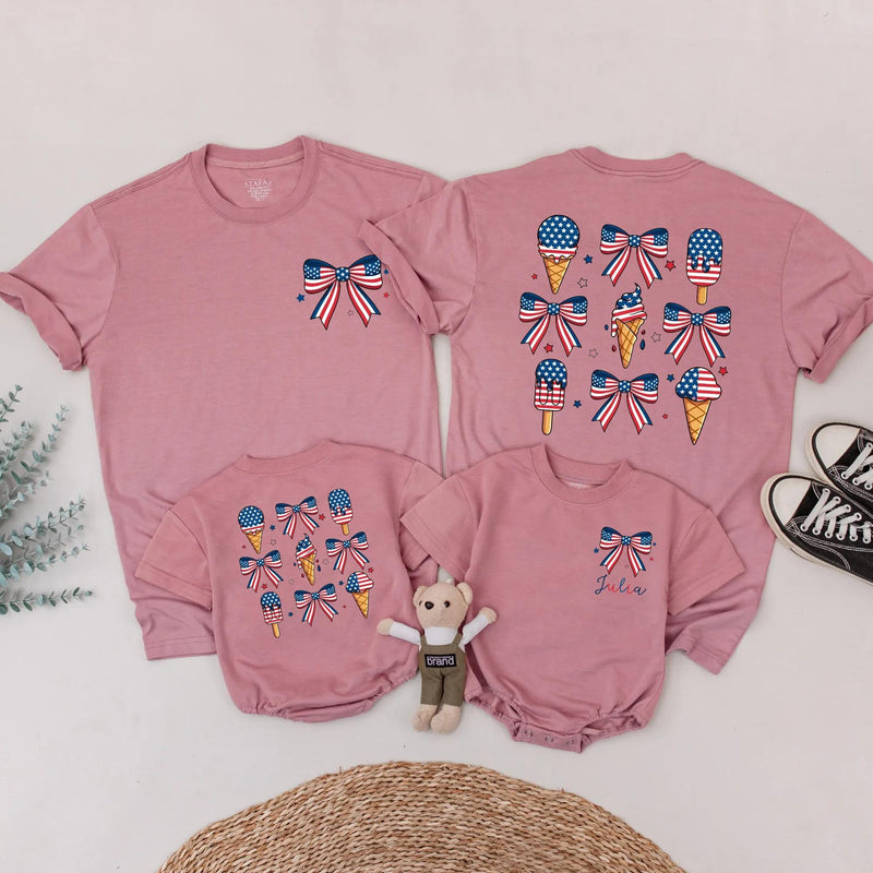 Custom Patriotic Ice Cream Bow Romper Matching Family Outfits for July 4th Celebrations, Soft Cotton Mom Dad Baby Toddler Shirts