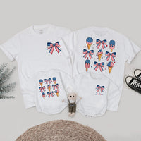 Custom Patriotic Ice Cream Bow Romper Matching Family Outfits for July 4th Celebrations, Soft Cotton Mom Dad Baby Toddler Shirts