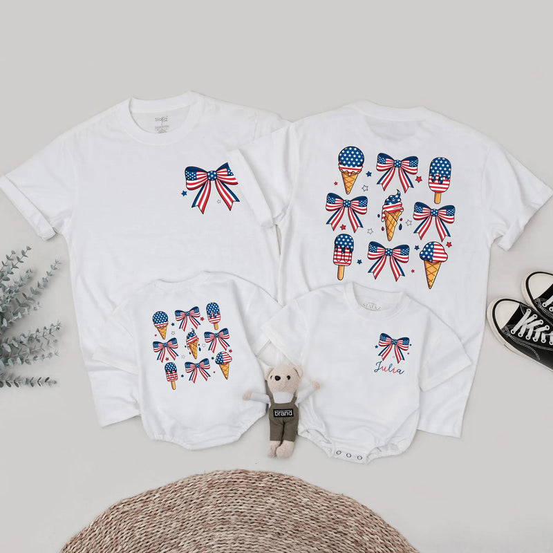 Custom Patriotic Ice Cream Bow Romper Matching Family Outfits for July 4th Celebrations, Soft Cotton Mom Dad Baby Toddler Shirts